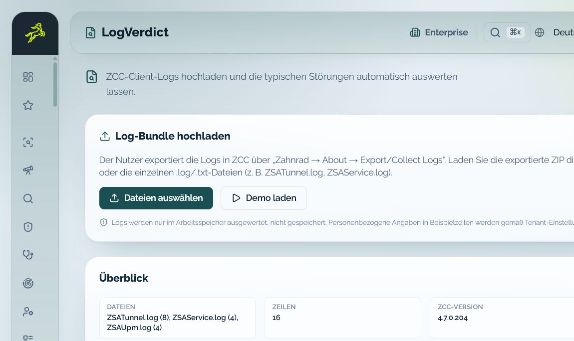 Log Analyzer zeigt erkannte Fehler, Warnungen und konkrete Empfehlungen aus ZCC-Logs
