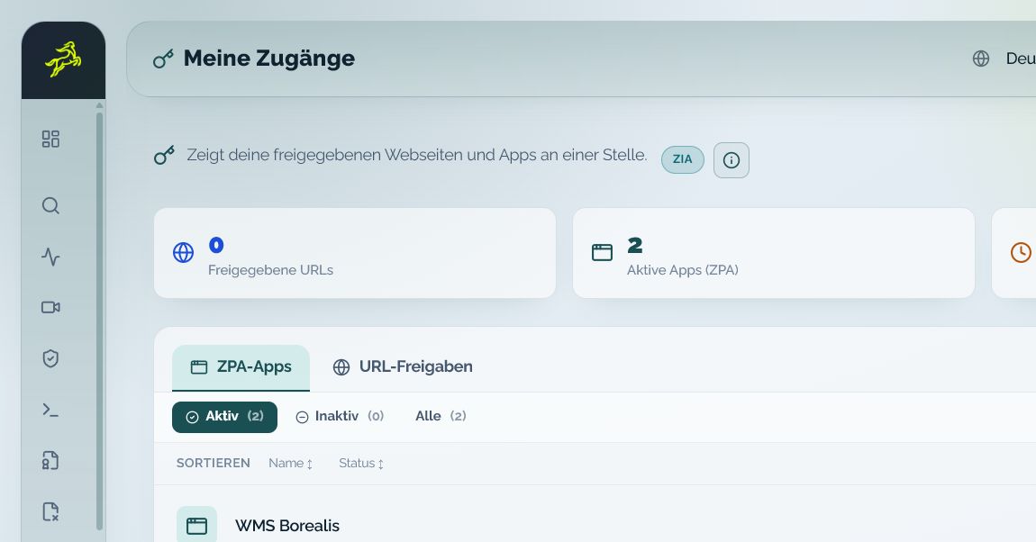 My Access zeigt freigegebene URLs, aktive ZPA-Apps und offene Anträge